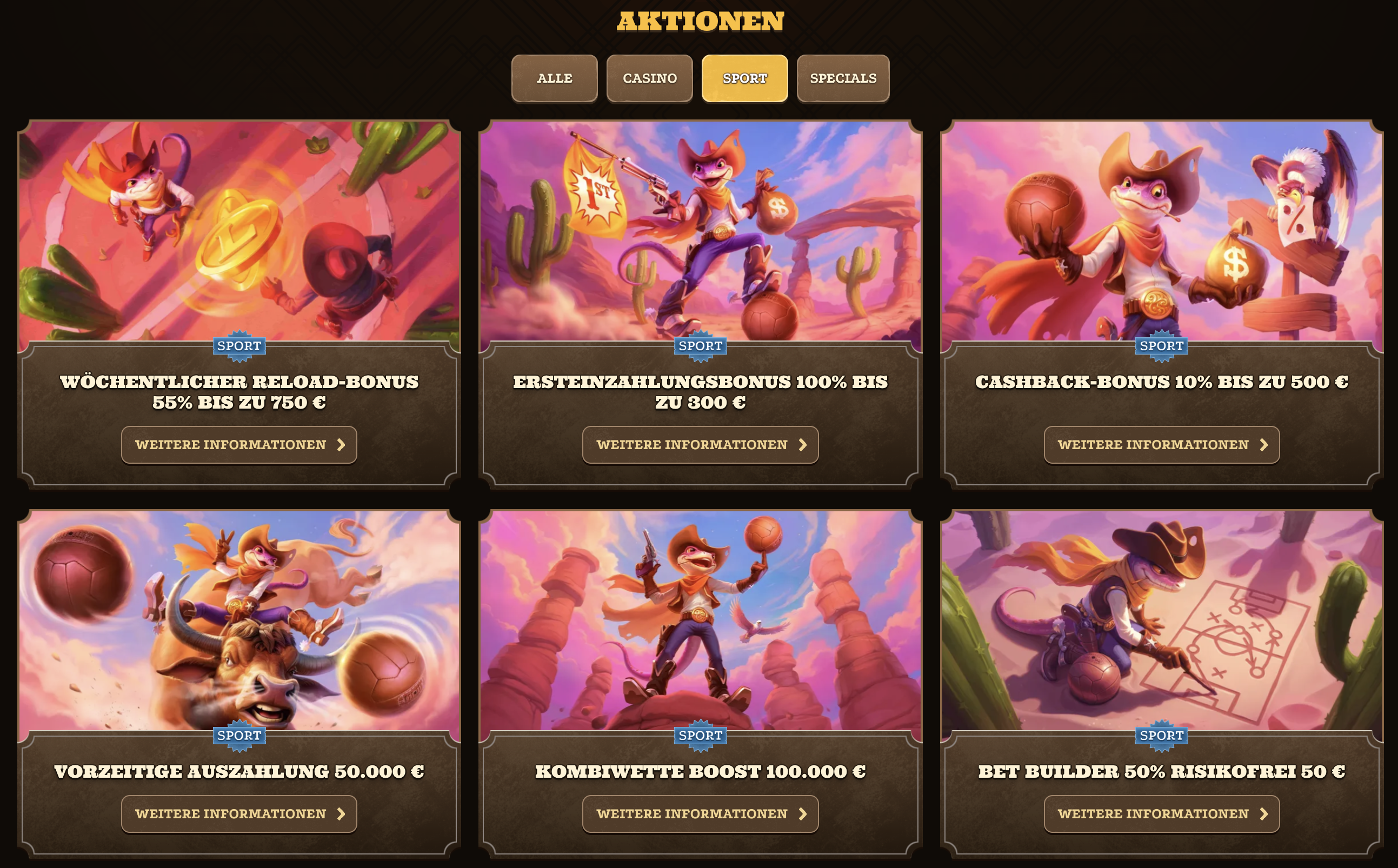 Lizaro Casino Sportwetten Aktionen – Ersteinzahlungsbonus 100% bis zu 300€, Reload-Bonus 55% bis zu 750€ und CashBack 10% bis zu 500€